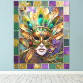 Mardi Gras Gold und Green Peacock Feather Mask Leinwanddruck (Insitu (Holzboden))