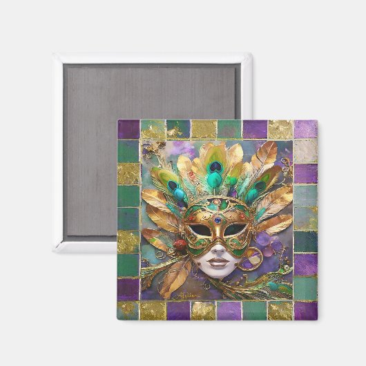 Mardi Gras Gold und Green Peacock Feather Mask Magnet (Vorderseite/Rückseite)