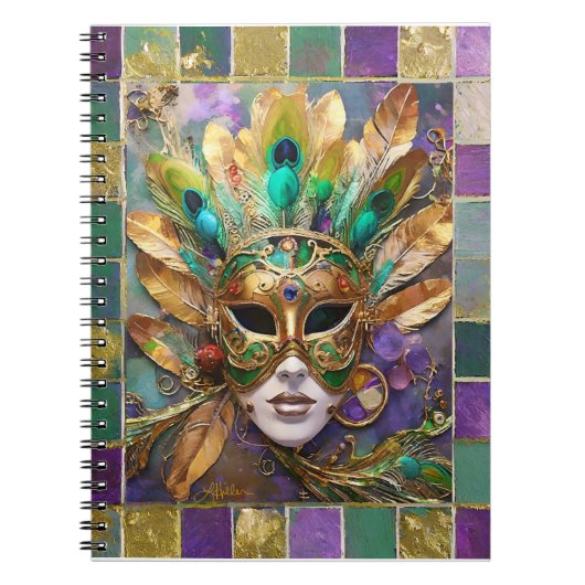 Mardi Gras Gold und Green Peacock Feather Mask Notizblock (Vorderseite)