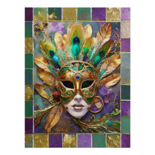 Mardi Gras Gold und Green Peacock Feather Mask Poster