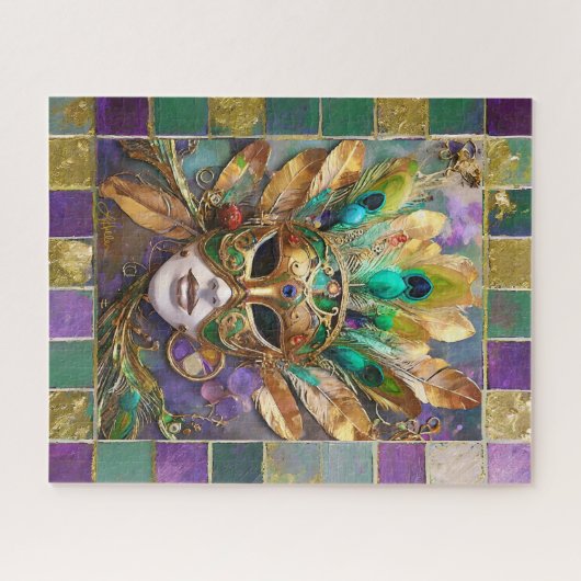 Mardi Gras Gold und Green Peacock Feather Mask Puzzle (Horizontal)
