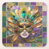 Mardi Gras Gold und Green Peacock Feather Mask Rechteckiger Pappuntersetzer (Vorderseite)
