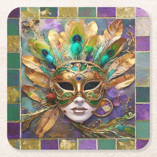 Mardi Gras Gold und Green Peacock Feather Mask Rechteckiger Pappuntersetzer (Vorderseite)