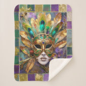 Mardi Gras Gold und Green Peacock Feather Mask Sherpadecke (Vorderseite)