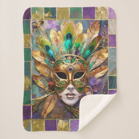 Mardi Gras Gold und Green Peacock Feather Mask Sherpadecke (Vorderseite)