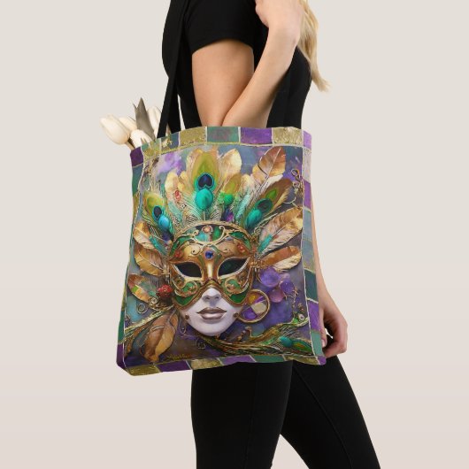 Mardi Gras Gold und Green Peacock Feather Mask Tasche (Von Nahem)