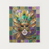 Mardi Gras Gold und Green Peacock Feather Mask Wandteppich (Vorderseite)