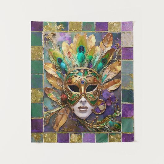 Mardi Gras Gold und Green Peacock Feather Mask Wandteppich (Vorderseite)