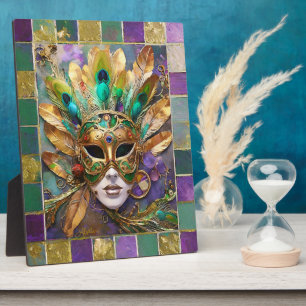 Mardi Gras Gold- und Grün-Pfauenfeder-Maske Fotoplatte