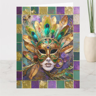 Mardi Gras Gold- und Grün-Pfauenfeder-Maske Karte
