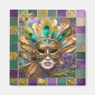 Mardi Gras Gold- und Grün-Pfauenfeder-Maske Magnet