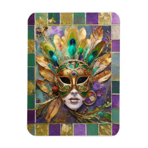 Mardi Gras Gold- und Grün-Pfauenfeder-Maske Magnet