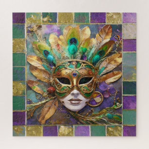 Mardi Gras Gold- und Grün-Pfauenfeder-Maske Puzzle