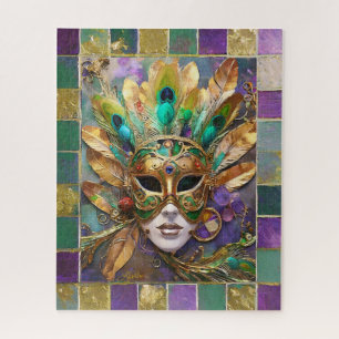 Mardi Gras Gold- und Grün-Pfauenfeder-Maske Puzzle