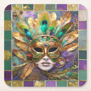 Mardi Gras Gold- und Grün-Pfauenfeder-Maske Rechteckiger Pappuntersetzer