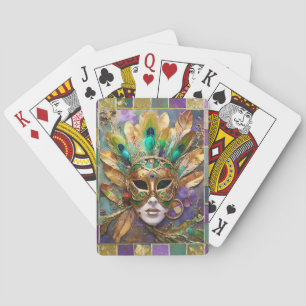 Mardi Gras Gold- und Grün-Pfauenfeder-Maske Spielkarten