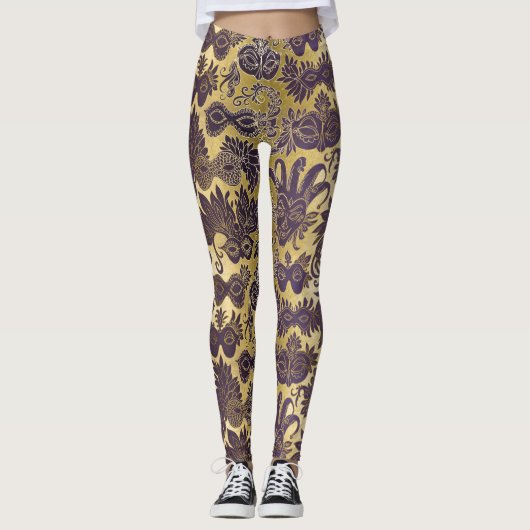 Mardi Gras Gold und Lila Masken angepasst Leggings (Vorderseite)