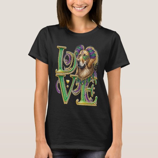 Mardi Gras Golden Retriever Word LOVE Masquerade T-Shirt (Vorderseite)