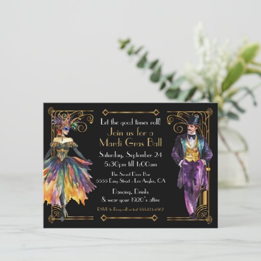 Mardi Gras Great Gatsby Art Deco Party Einladung (Stehend Vorderseite)