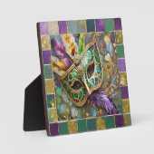 Mardi Gras Green and Gold Colorful Feathers Maske Fotoplatte (Vorderseite)