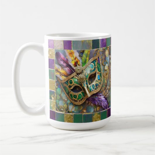 Mardi Gras Green and Gold Colorful Feathers Maske Kaffeetasse (Links)