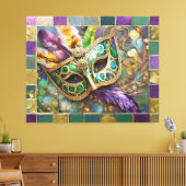 Mardi Gras Green and Gold Colorful Feathers Maske Leinwanddruck (Insitu (Wohnzimmer))