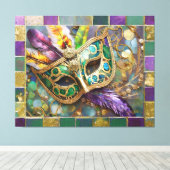 Mardi Gras Green and Gold Colorful Feathers Maske Leinwanddruck (Insitu (Holzboden))