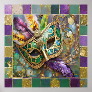 Mardi Gras Green and Gold Colorful Feathers Maske Poster