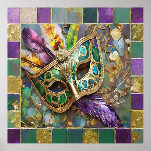 Mardi Gras Green and Gold Colorful Feathers Maske Poster (Vorne)