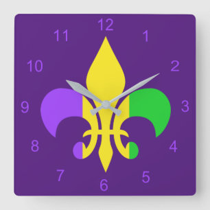 Mardi Gras Green Yellow Lila Fleur-de-Lis Quadratische Wanduhr