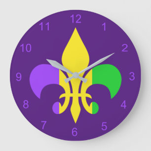 Mardi Gras Green Yellow Purple Fleur-de-Lis Große Wanduhr