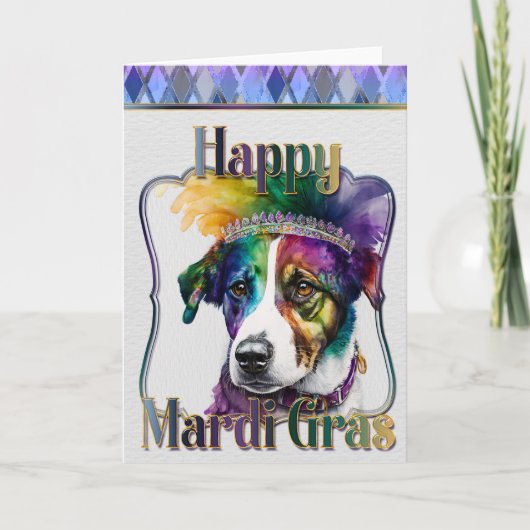 Mardi Gras Greeting Card, Mardi Gras Jack Russell Karte (Vorderseite)
