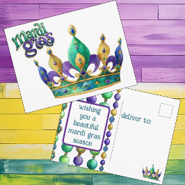 Mardi Gras Greeting with Crown and Beads Feiertagspostkarte