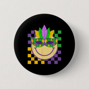 Mardi Gras Groovy-Lächeln Gesicht mit Maske Karier Button