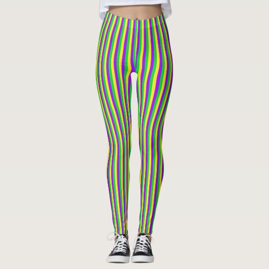 Mardi Gras Grün, Gelb, Lila Streifen Leggings (Vorderseite)