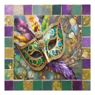 Mardi Gras Grün und Gold Farbige Federn Maske Fotodruck