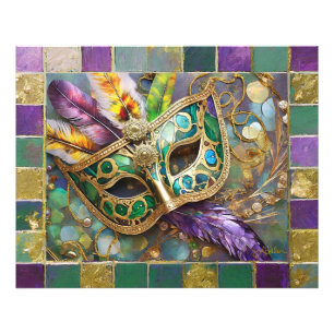 Mardi Gras Grün und Gold Farbige Federn Maske Fotodruck
