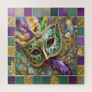 Mardi Gras Grün und Gold Farbige Federn Maske Puzzle