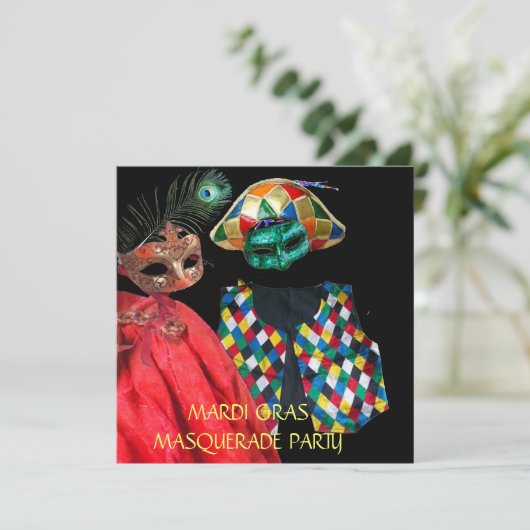 MARDI GRAS HARLEQUIN COSTUME MASQUERADE PARTY EINLADUNG (Stehend Vorderseite)