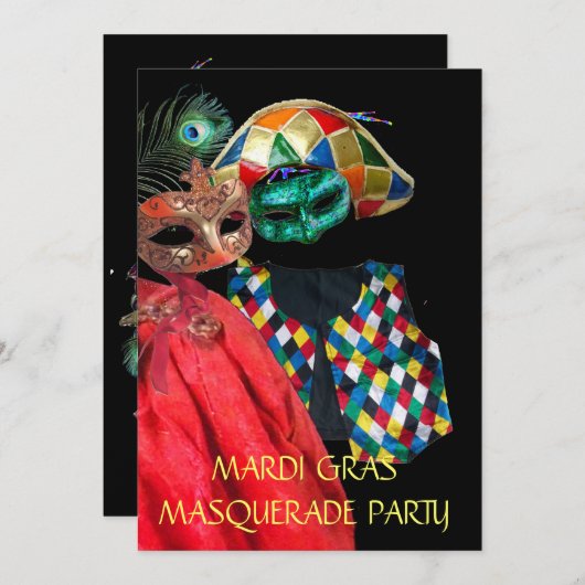 MARDI GRAS HARLEQUIN COSTUME MASQUERADE PARTY EINLADUNG (Vorne/Hinten)