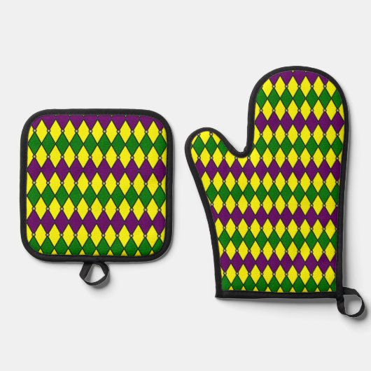 Mardi Gras Harlequin Diamond Pattern Ofenhandschuh & Topflappen-Set (Vorderseite)