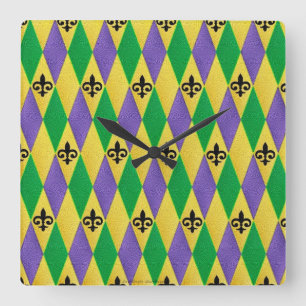 Mardi Gras Harlequin Fleur De Lis Quadratische Wanduhr