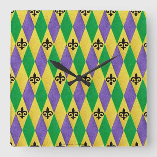 Mardi Gras Harlequin Fleur De Lis Quadratische Wanduhr (Vorderseite)