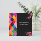 MARDI GRAS HARLEQUIN PATTERN Farbenfrohe Rhombi Einladung (Stehend Vorderseite)