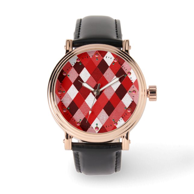 MARDI GRAS HARLEQUIN PATTERN Red Pink White Rhombi Armbanduhr (Vorderseite)