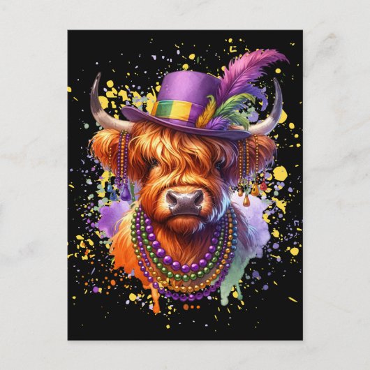 Mardi Gras Highland Cow Postkarte (Vorderseite)