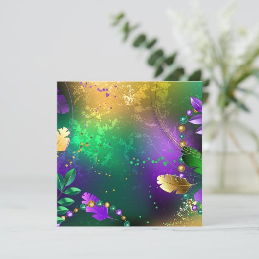 Mardi-Gras-Hintergrund mit Perlen Einladung (Stehend Vorderseite)