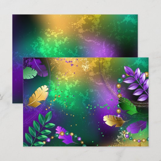 Mardi-Gras-Hintergrund mit Perlen Einladung (Vorne/Hinten)