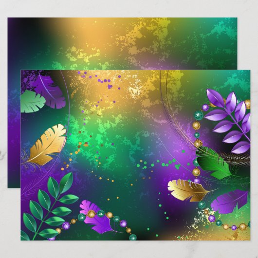 Mardi-Gras-Hintergrund mit Perlen Save The Date (Vorne/Hinten)