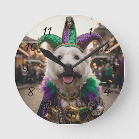 Mardi Gras-Hund-Narrenkostüm Runde Wanduhr (Vorderseite)
